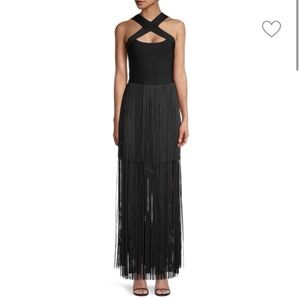 Herve Leger Black Cross Neck Fringe Gown